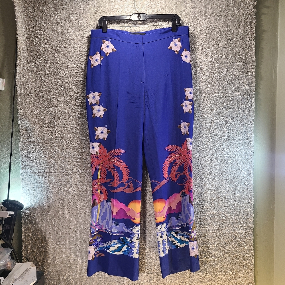 ETRO Women's Blue‎ Hawaiian Silk Trousers Pants Size 46 Wide Leg Lightweight